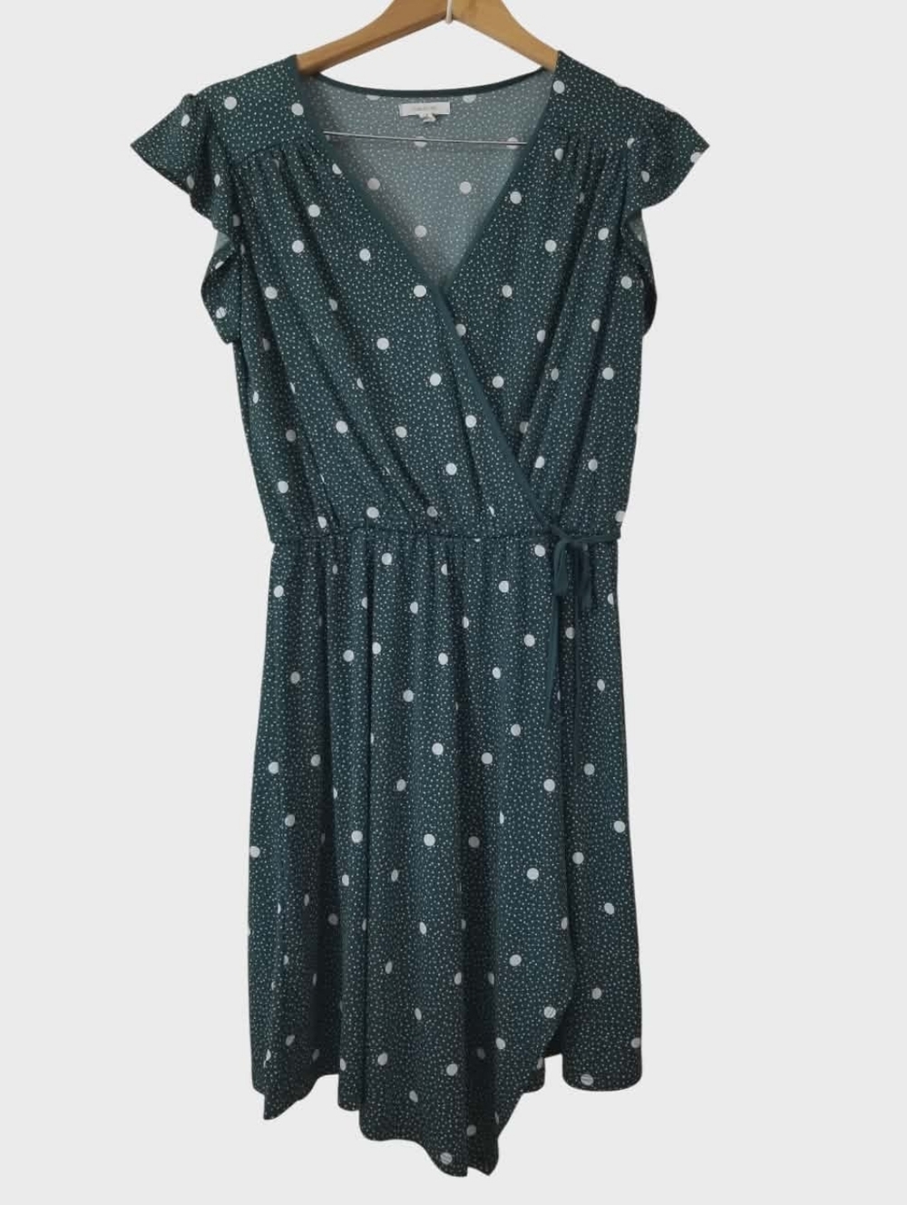 Polka Dot Faux Wrap Midi Green Size Small Dress